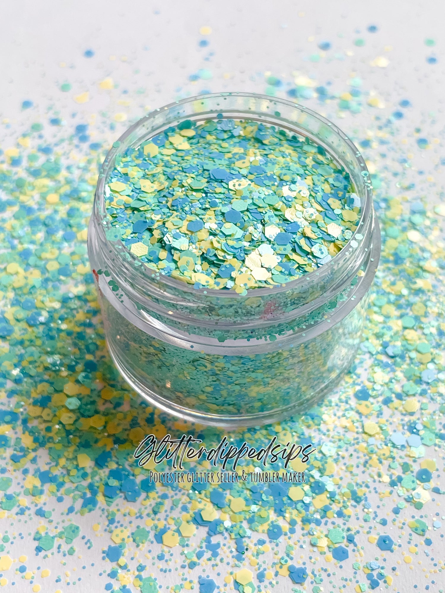 Blue, yellow, and green chunky glitter mix